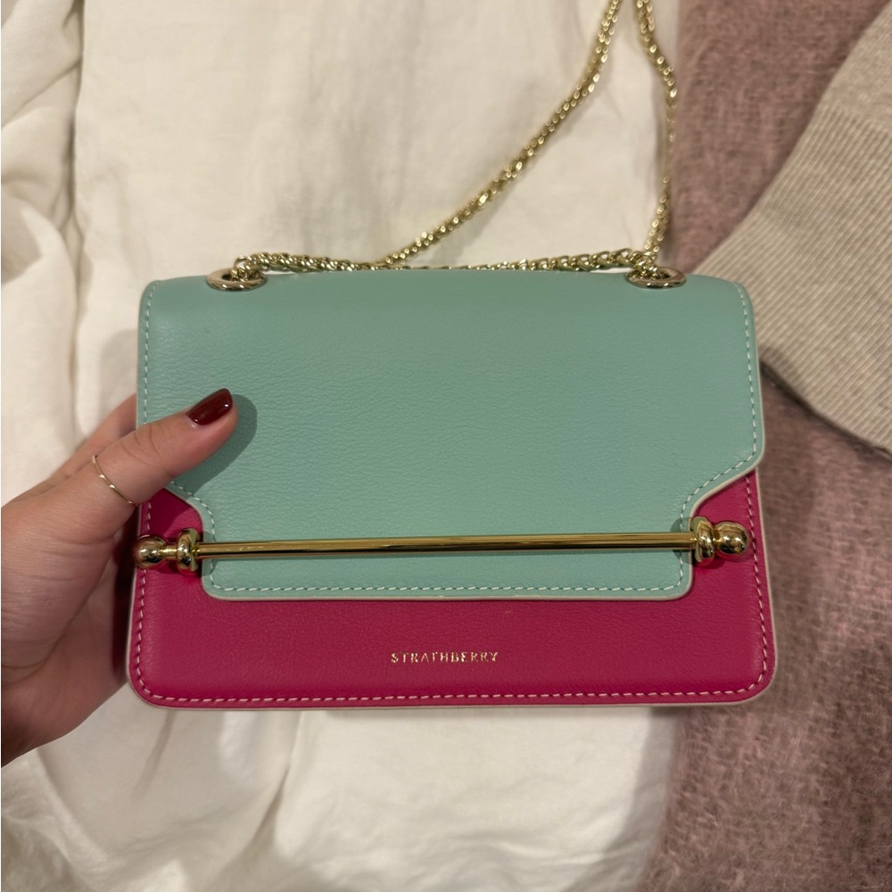 Strathberry Two-Tone Crossbody Bag in Mint and Fuchsia